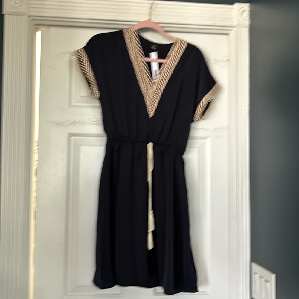 Navy Blue Casual Women's Stylish Summer V-Neck Fringed Belted Dress